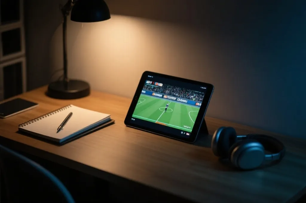 桌面上平板电脑播放比赛回放，旁边有笔记本和耳机，适合赛后分析